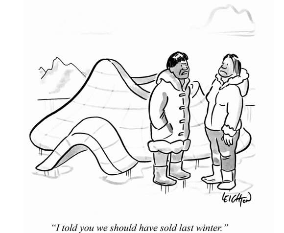 Cartoon: Zwei Personen in Wintermänteln vor einer schmelzenden Decke/Skulptur, sarkastische Bildunterschrift.